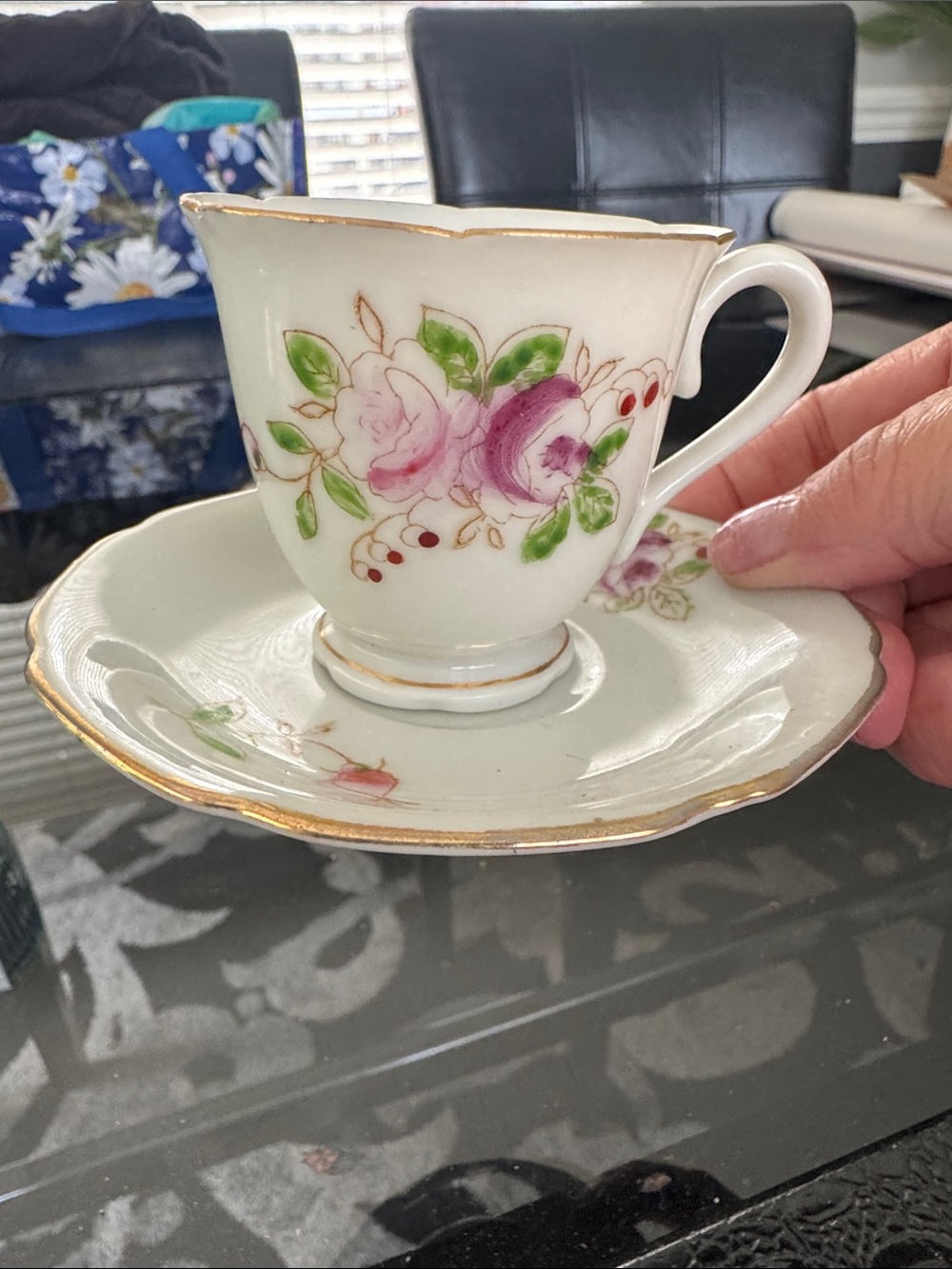 Delicate Floral Porcelain Teacup and Saucer Set - Pink & Green vintage Japan